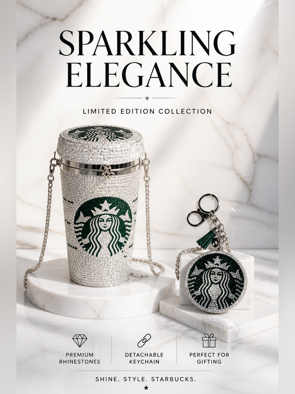 Starbucks Crystal Embellished Bag set. Silver Crossbody. Satin interior. +charm